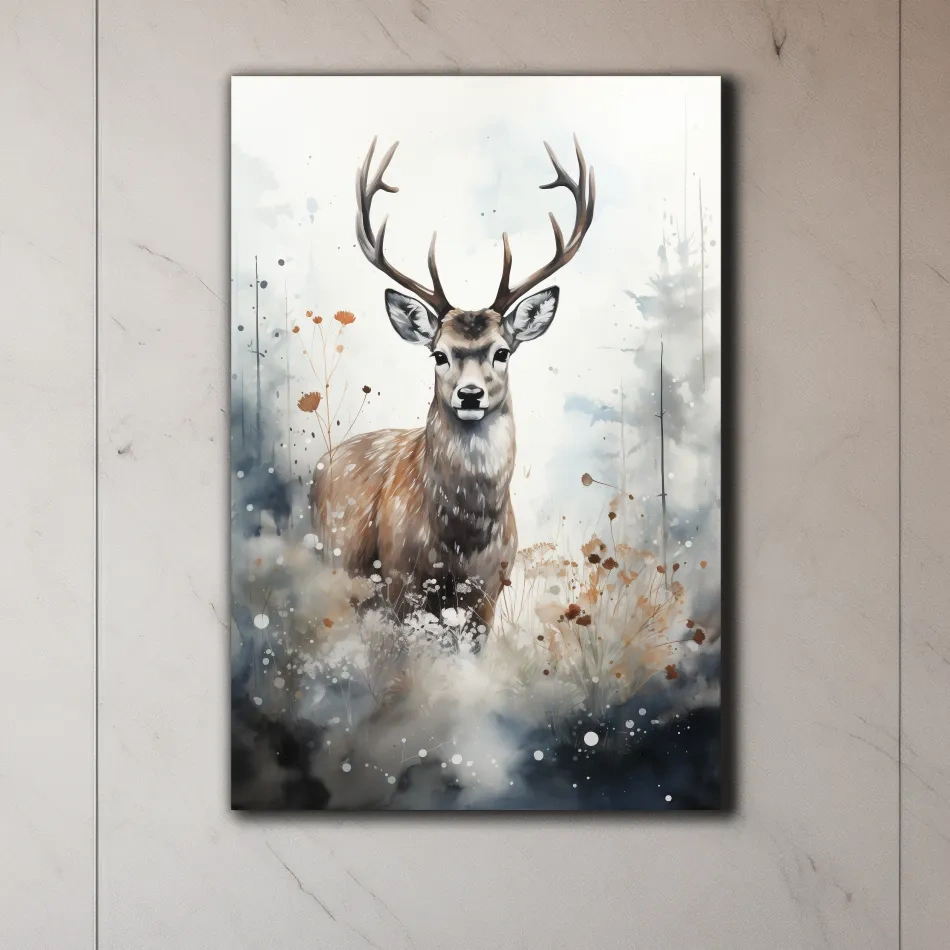 Rough textured watercolour painting of a deer buck standing in the forest