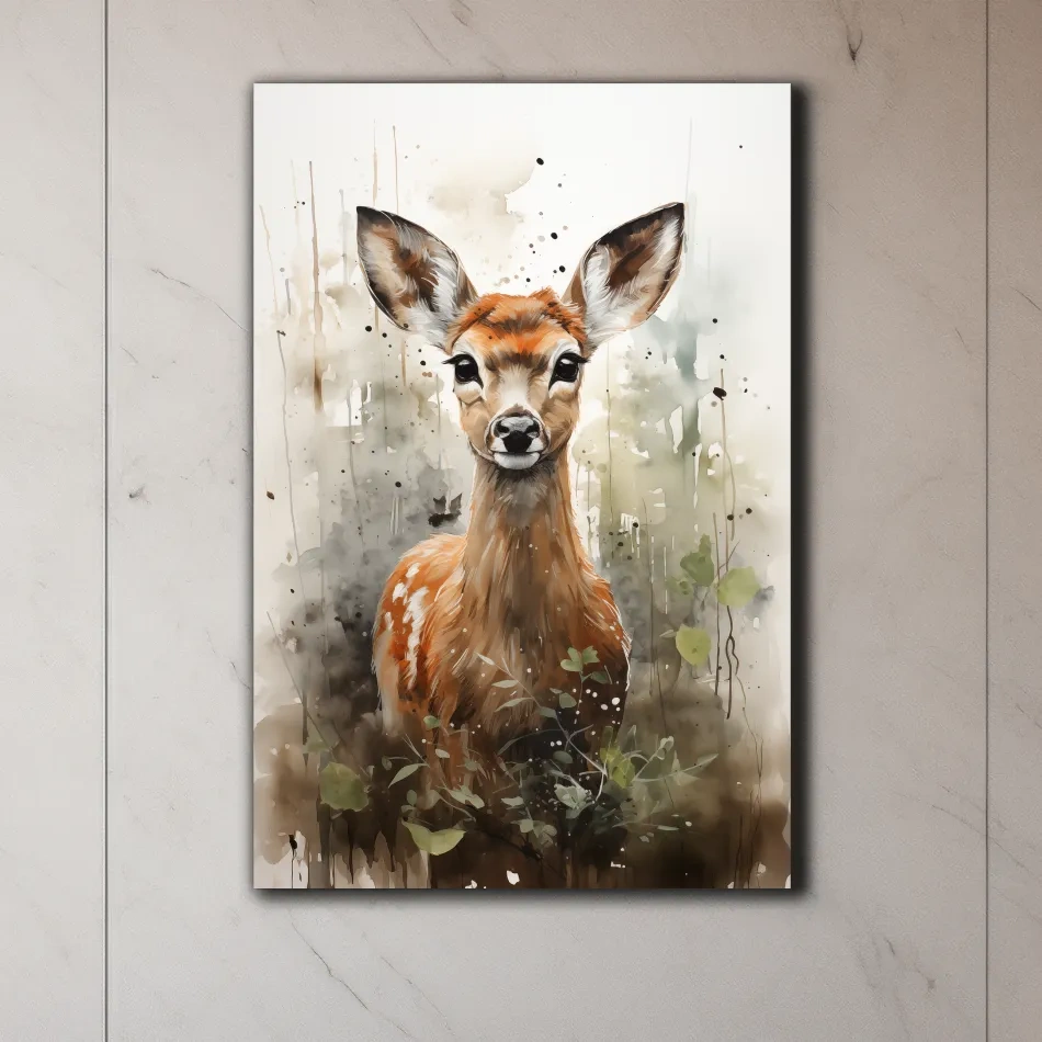Watercolor fawn wall art, delicate forest setting artwork