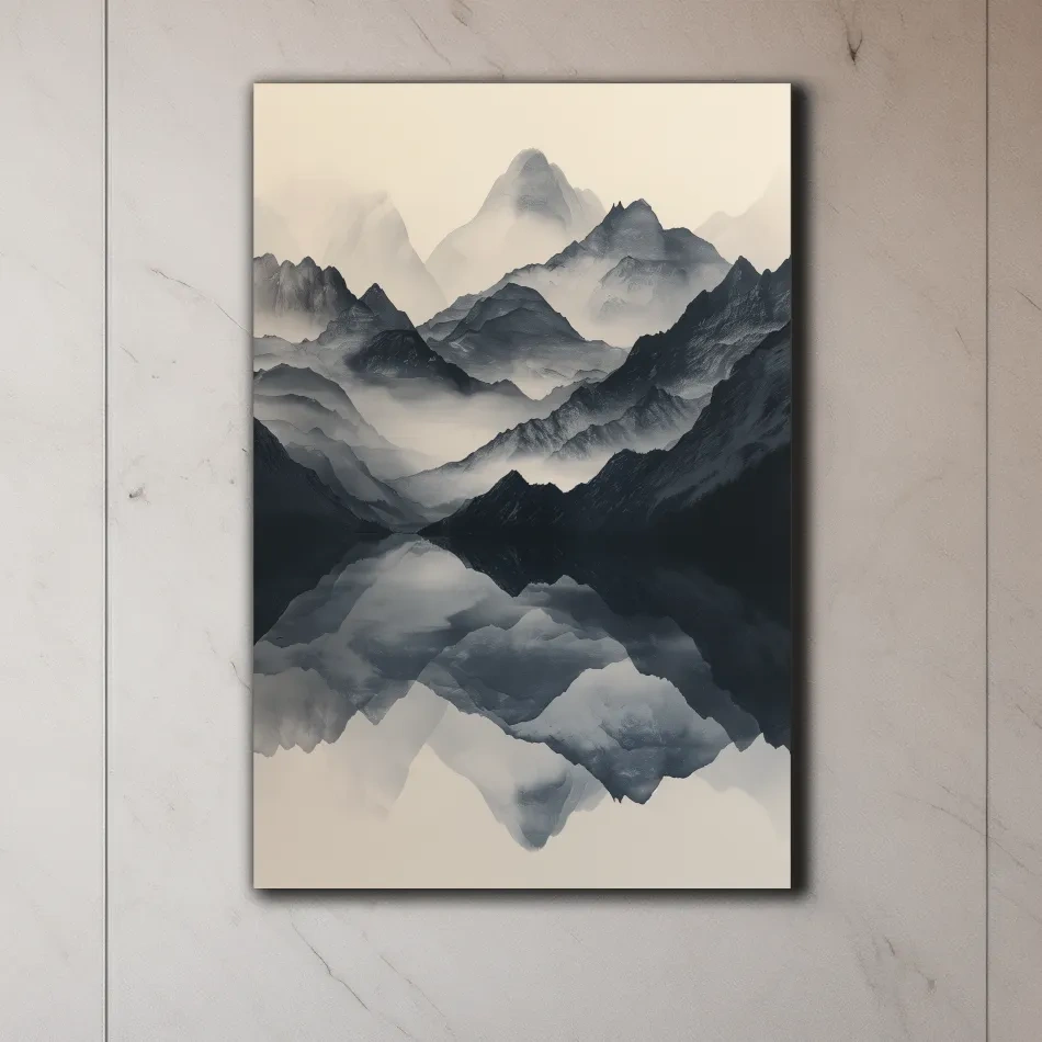 Monochrome Misty Mountain Reflection Landscape - Minimalist Japandi Wall Art