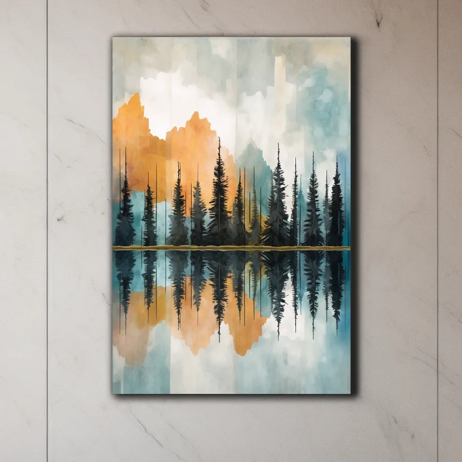 Abstract Watercolor Mountain Lake Reflection - Alpine Forest Landscape Artwork