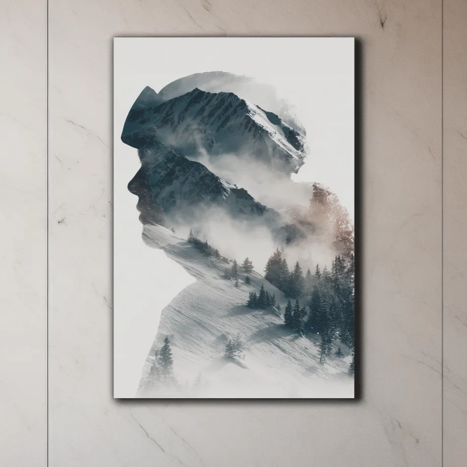 Surreal Double Exposure Skier & Mountain Portrait - Moody Misty Alpine Forest Wall Art