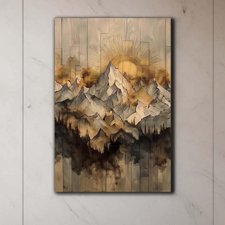 Sunrise Alpine Mountain Range Illustration - Rustic Watercolor Landscape Wall Art