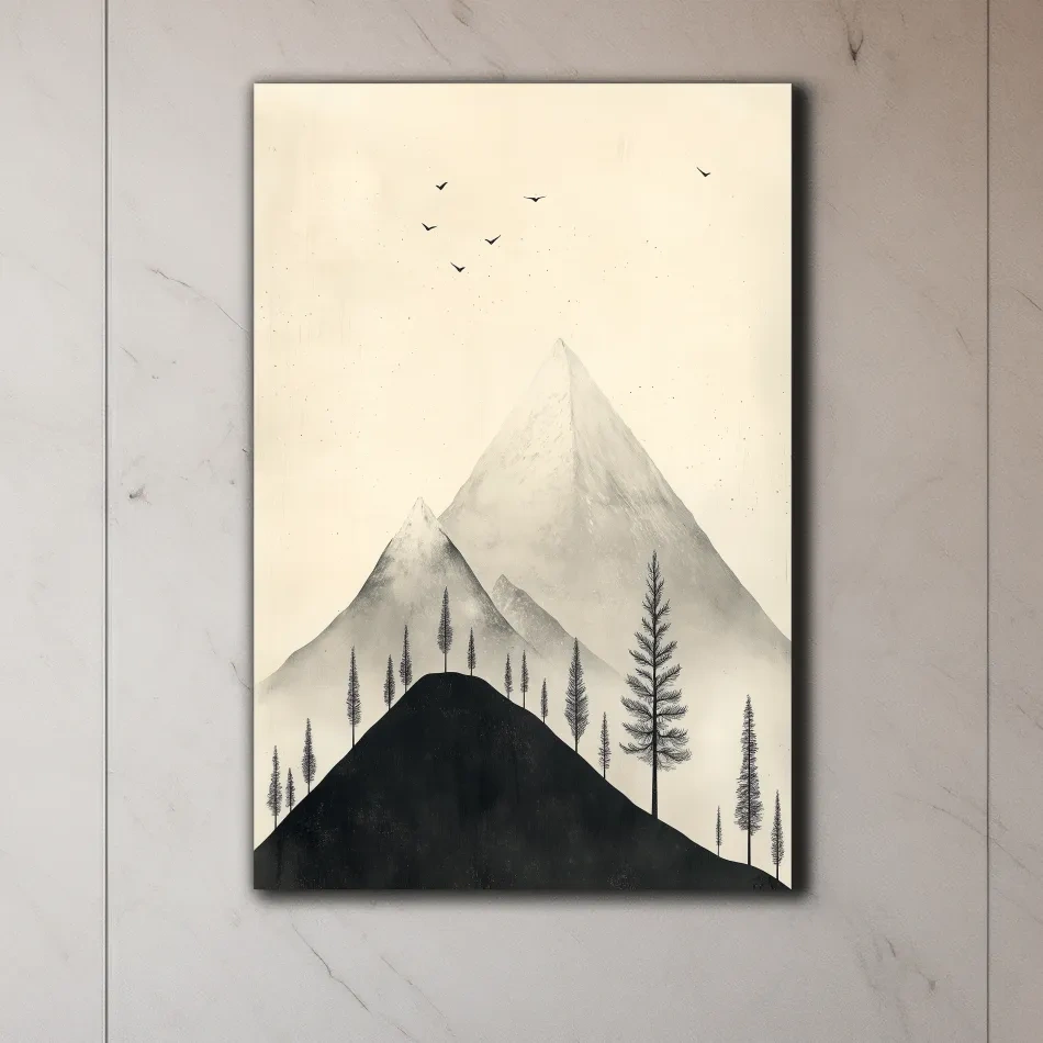 Minimalist Misty Mountain Peaks With Pine Trees - Monochrome Scandinavian Landscape Artwork