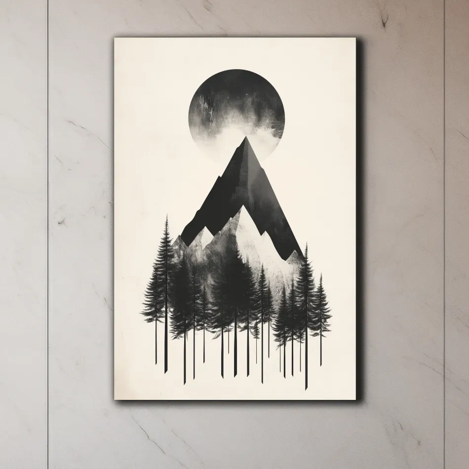 Minimalist Monochrome Mountain Peak & Pine Forest - Modern Scandinavian Style Wall Art