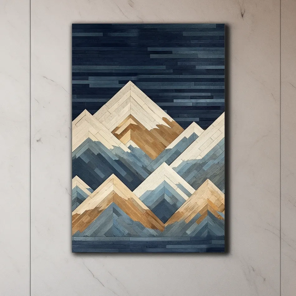 Wooden panel art, painted wood mountains