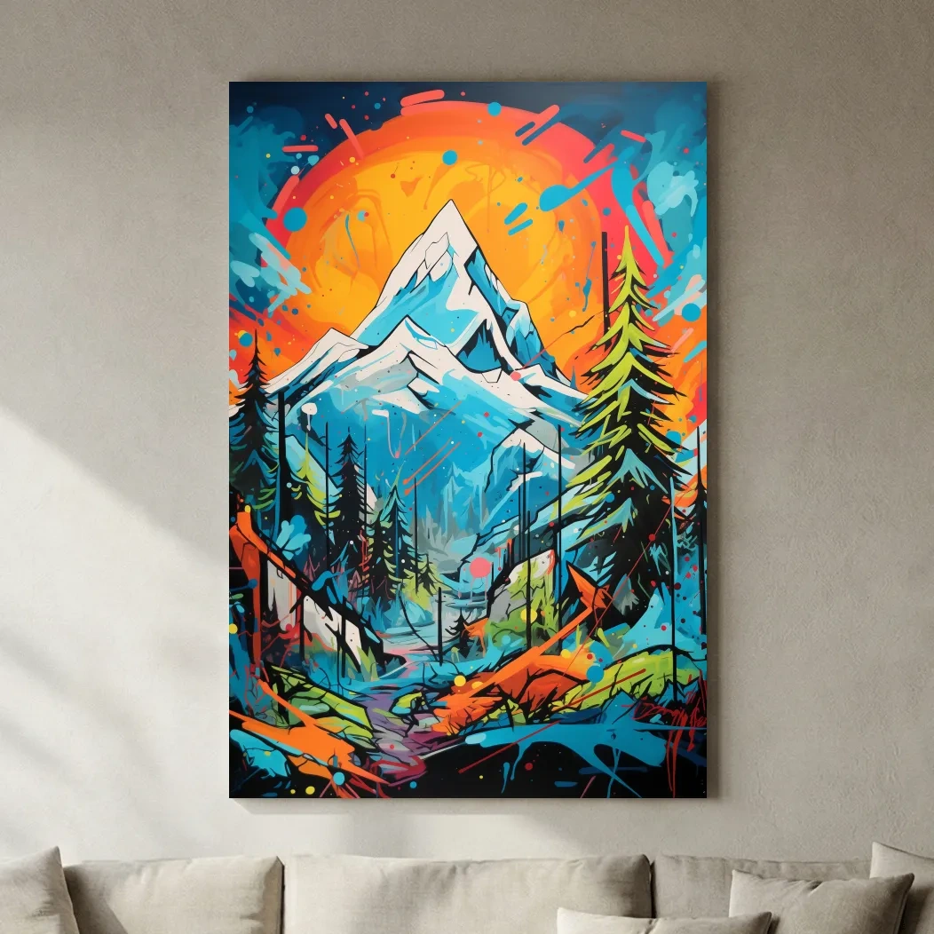 Vibrant Abstract Mountain Sunset Graffitti Painting - Colorful Pop Art Alpine Wall Art