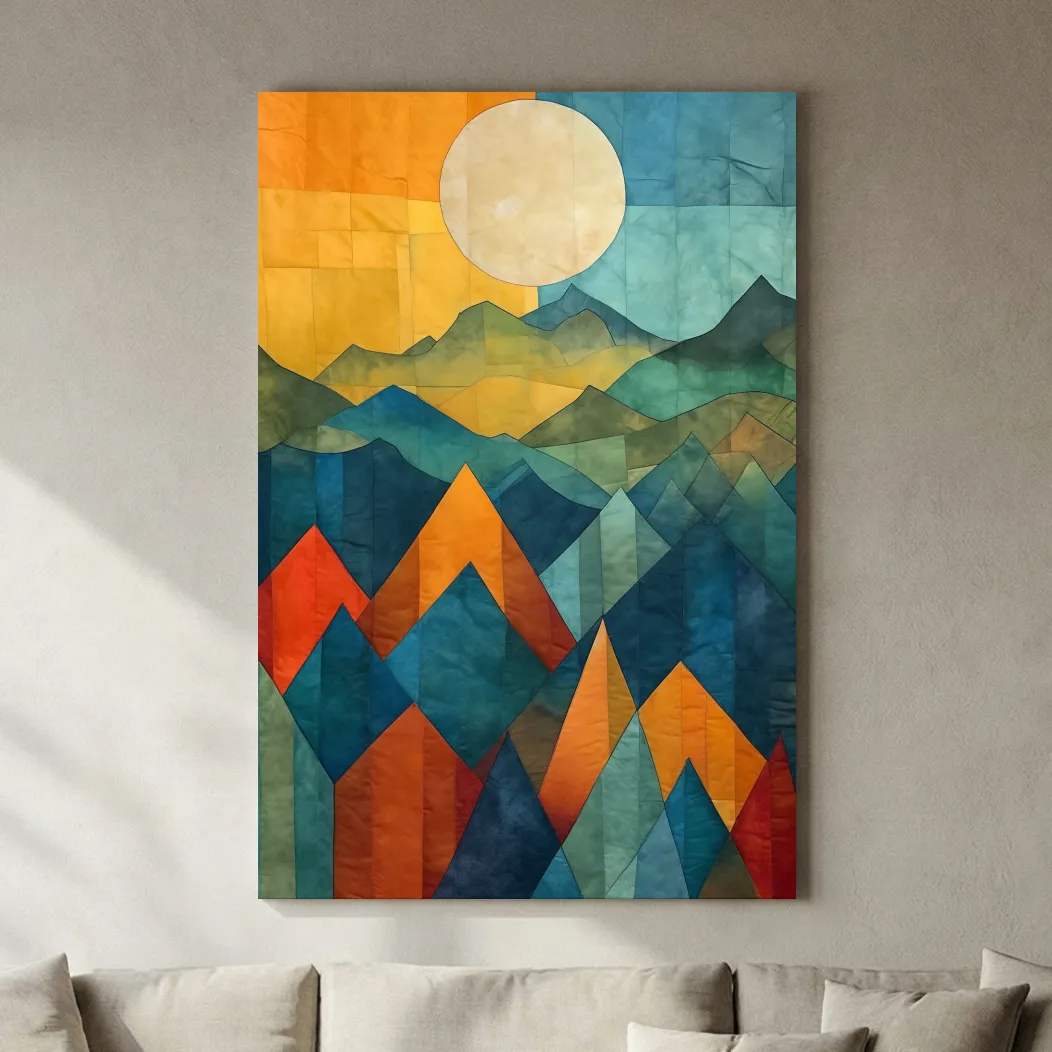 Geometric Patchwork Sunlit Mountain Range Painting - Colorful Abstract Alpine Wall Art