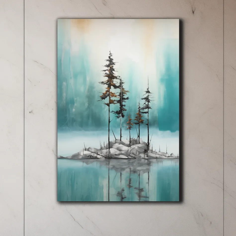 Misty Pine Trees Reflection - Watercolor Turquoise Alpine Lake Wall Art