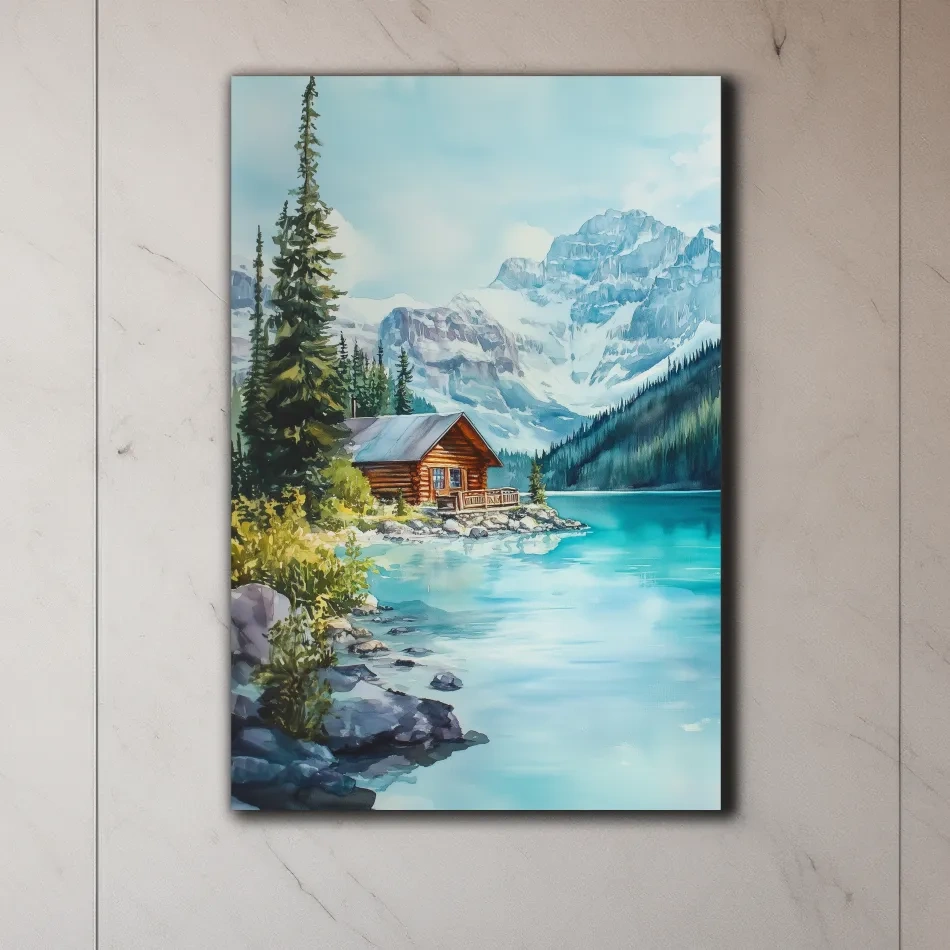Turquoise Alpine Lake Cabin Watercolor - Serene Snowy Mountain Wall Art