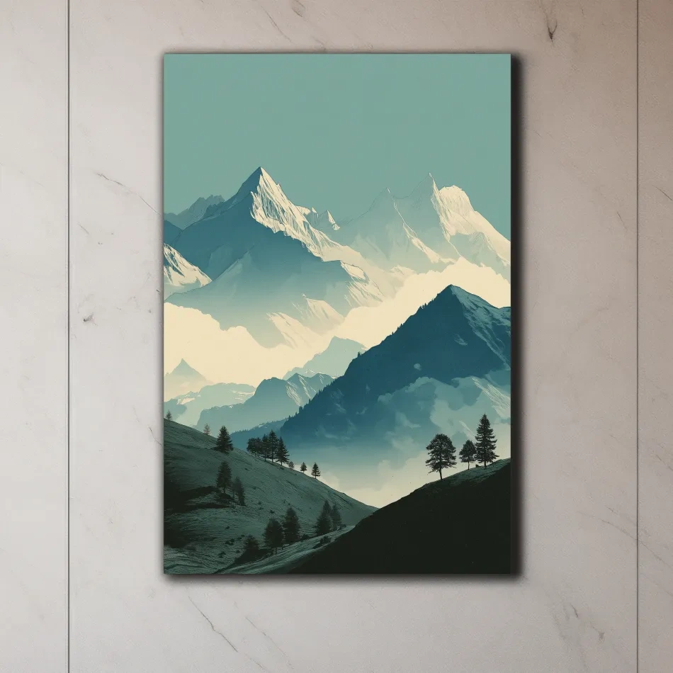 Misty Alpine Mountain Peaks Illustration - Serene Landscape Wall Art