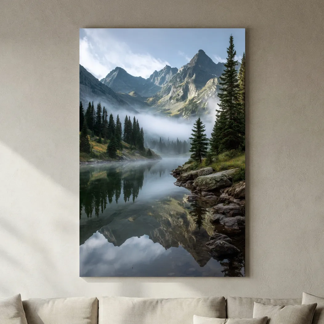 Misty Alpine Lake Photography - Serene Mountain Forest Wall Art
