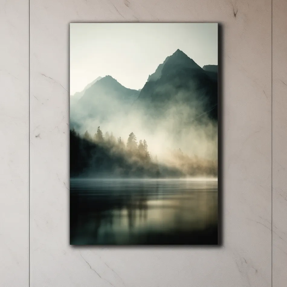Moody Misty Mountain Lake Landscape - Serene Foggy Pine Forest Wall Art