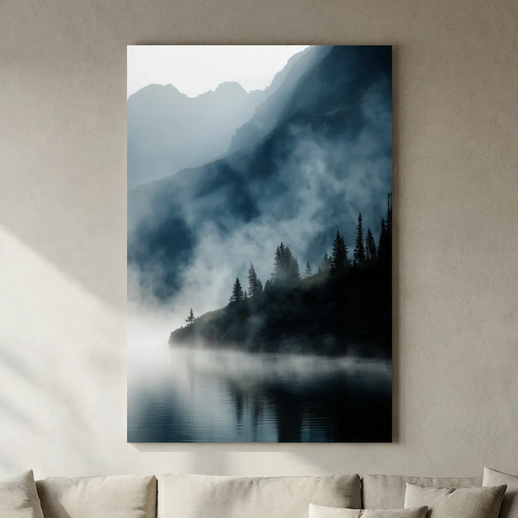 Misty Alpine Lake Landscape Photography - Foggy Pine Forest Nature Wall Art