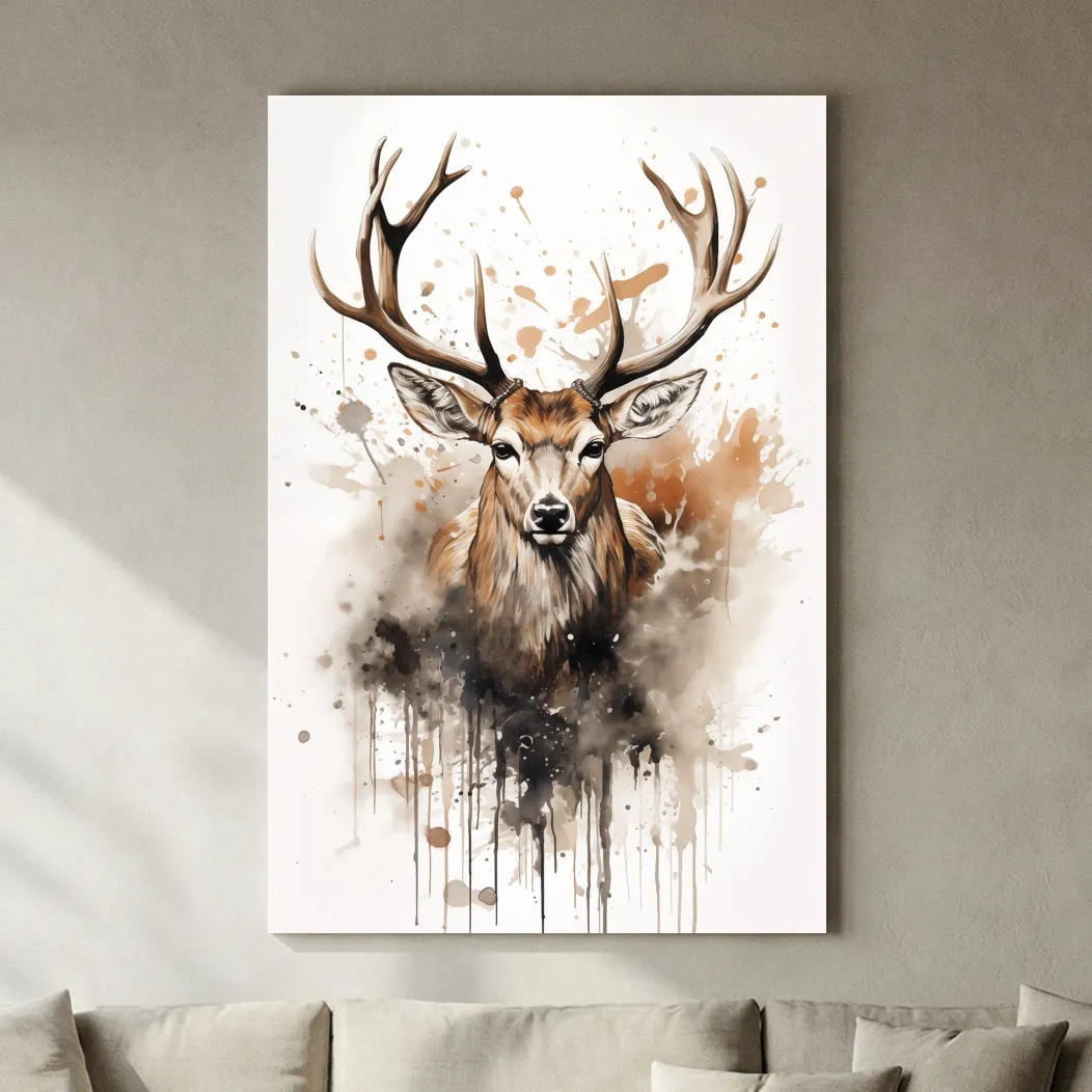 Majestic Stag Watercolor Splash Painting - Rustic Wildlife Wall Art