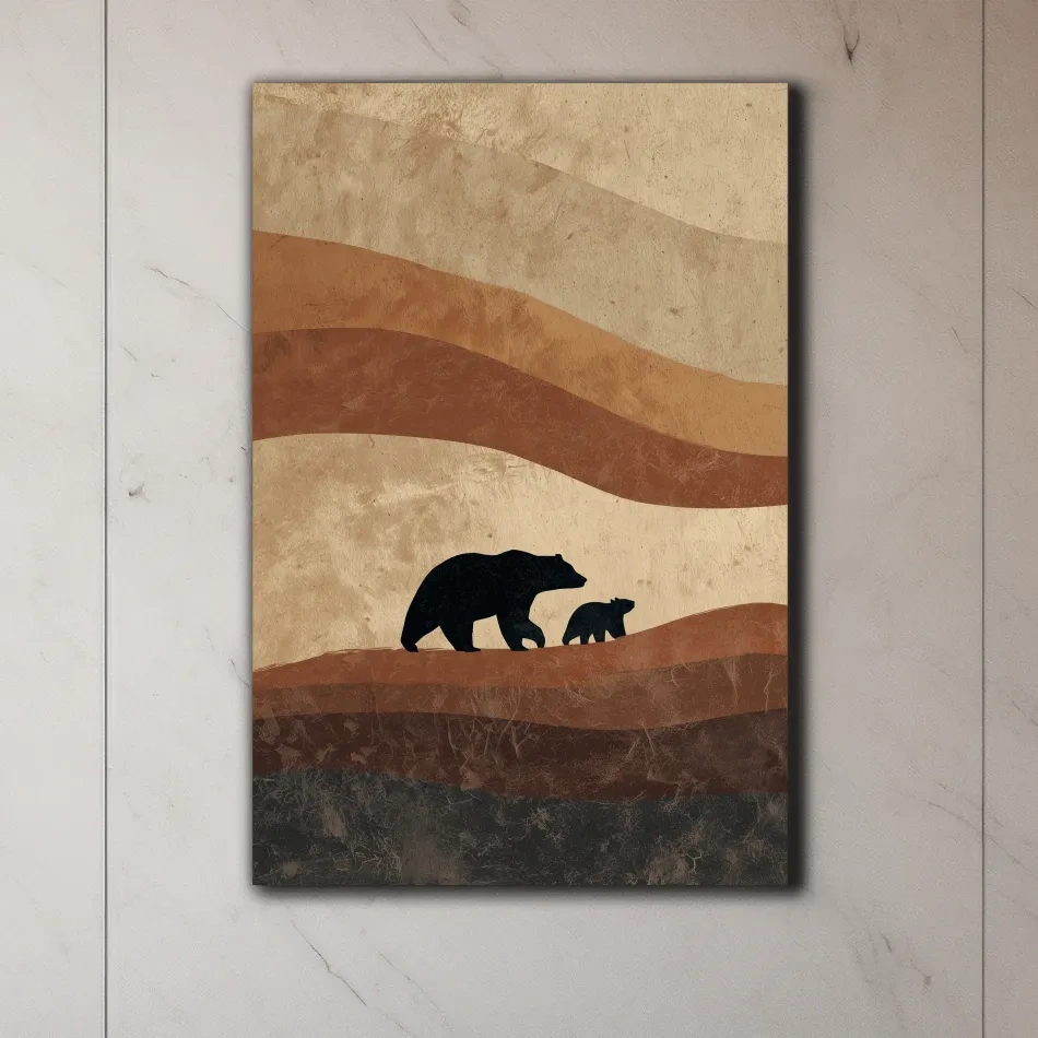 Scandi Bear Family Silhouette Artwork - Earthy Abstract Wildlife Wall Art