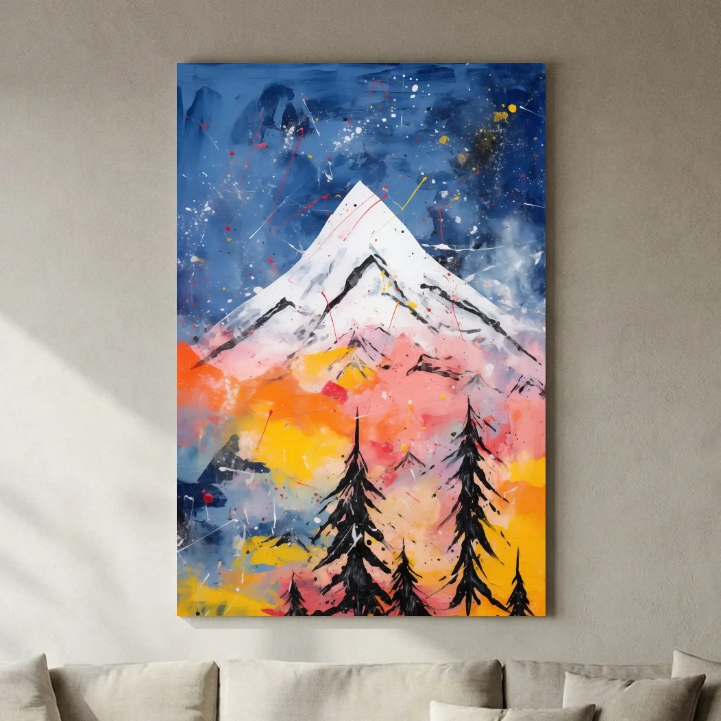 Vibrant Abstract Mountain Peak Sunset Painting - Colorful Acrylic Splash Forest Wall Art