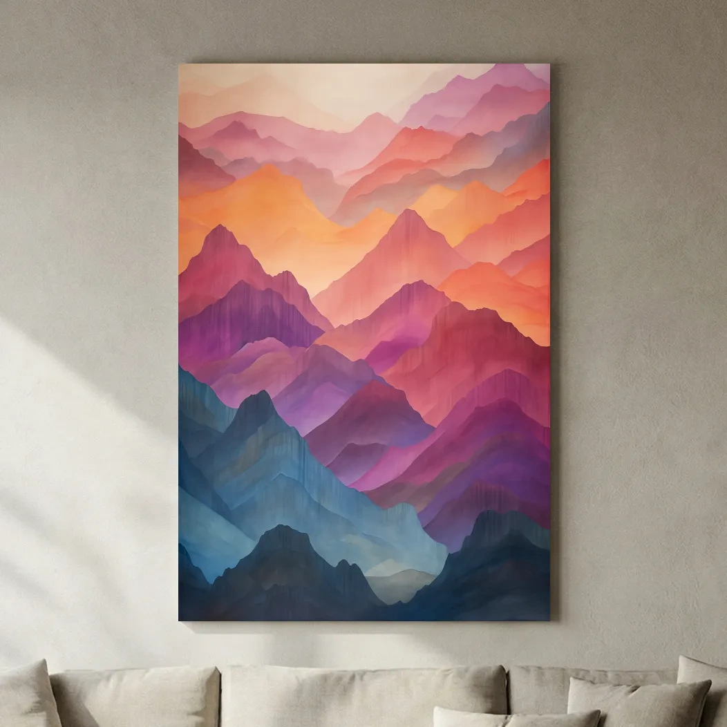 Vibrant Watercolor Layered Mountains - Abstract Sunset Landscape Wall Art