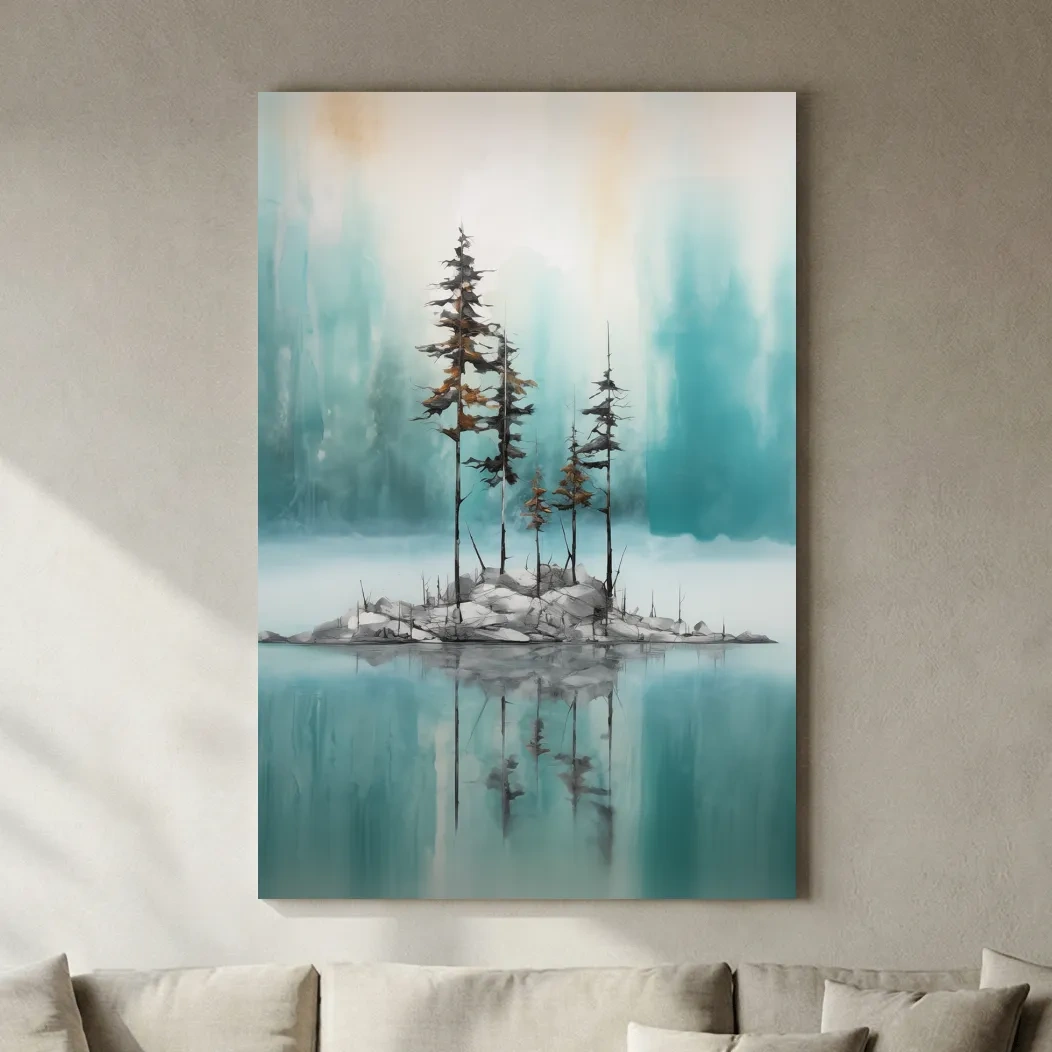 Misty Pine Trees Reflection - Watercolor Turquoise Alpine Lake Wall Art
