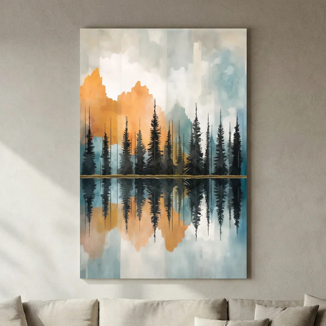 Abstract Watercolor Mountain Lake Reflection - Alpine Forest Landscape Artwork