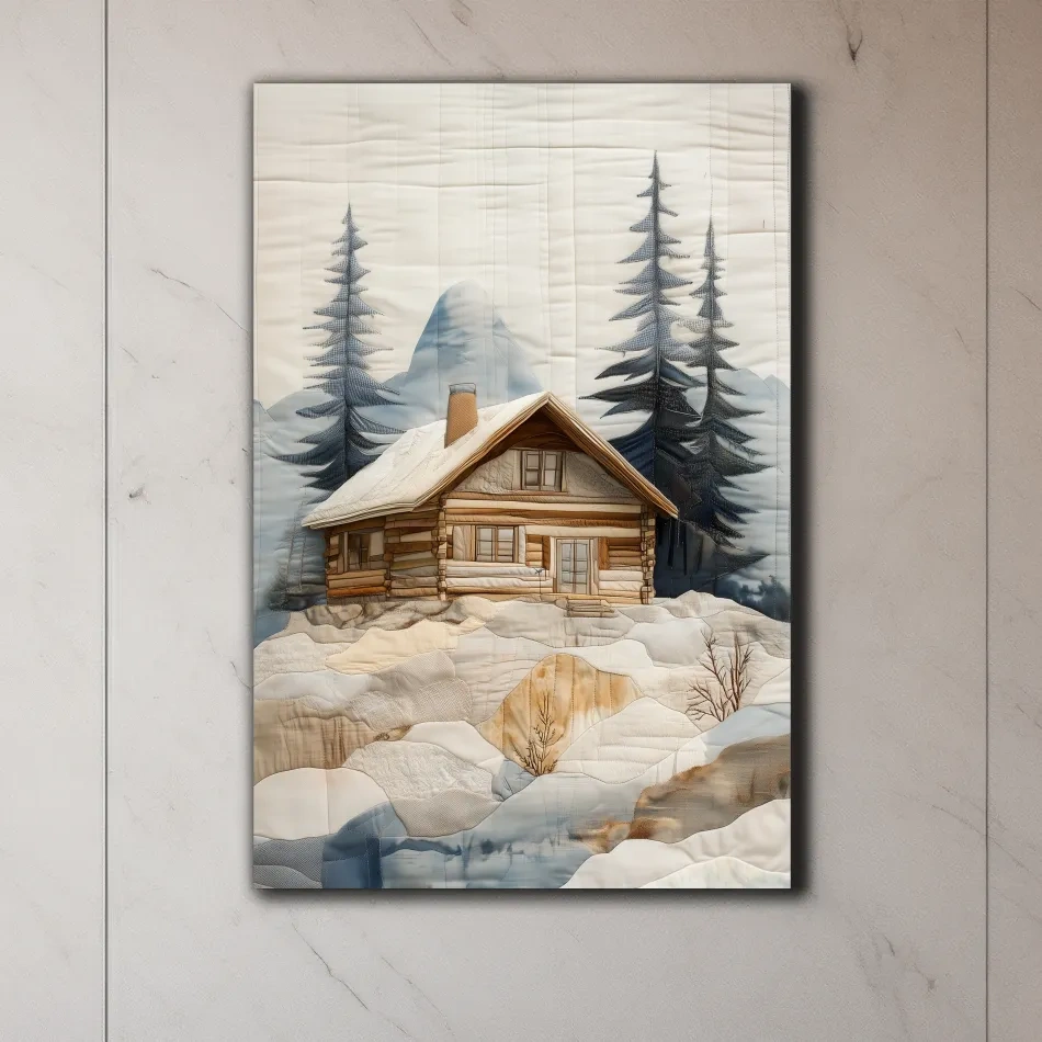 Rustic Winter Cabin In Snowy Pines - Textured Patchwork Fabric Effect Wall Art