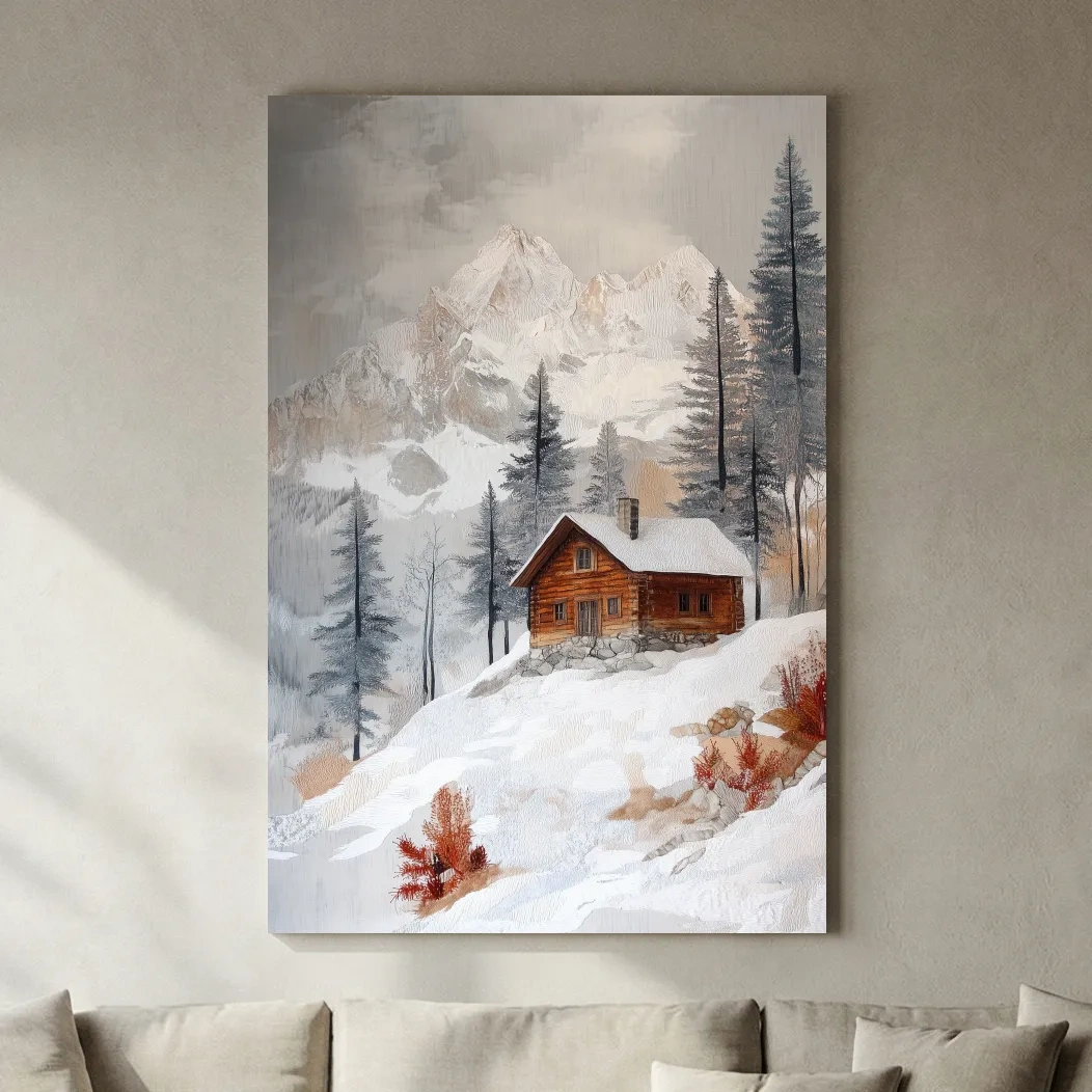 Snowy Mountain Cabin Landscape Painting - Rustic Winter Wilderness Wall Art