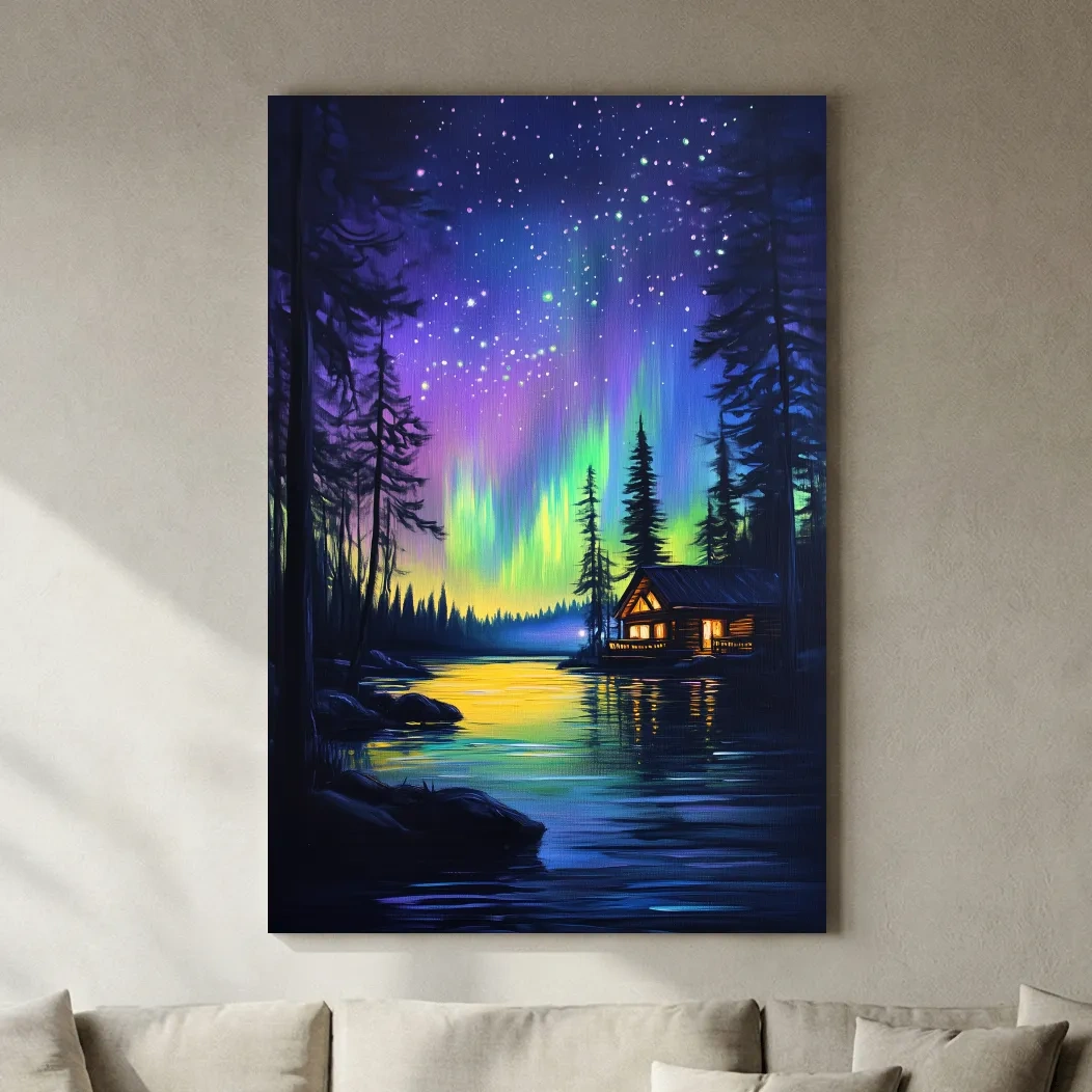 Vibrant Northern Lights Lakeside Cabin Painting - Aurora Borealis Night Landscape Wall Art