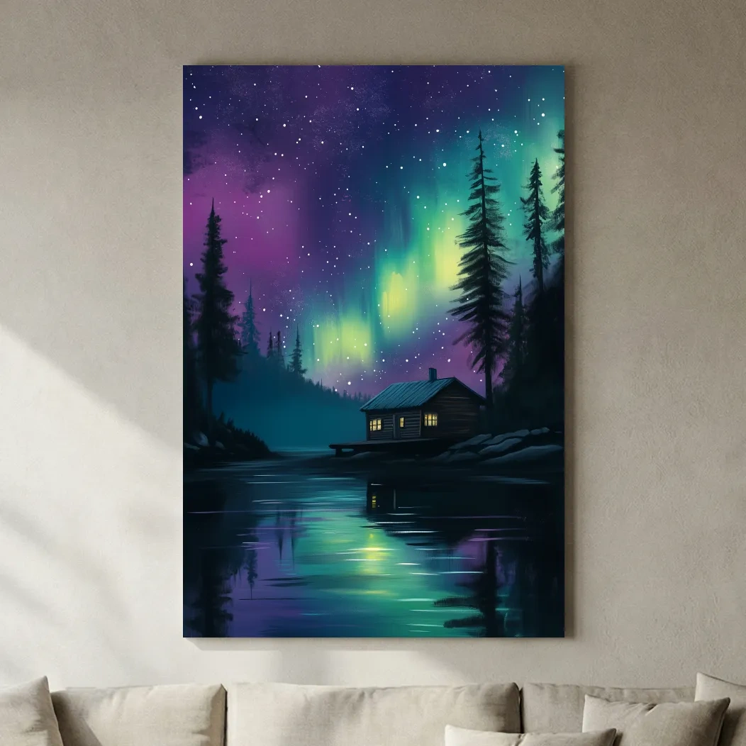 Aurora Borealis Lake Cabin Painting - Northern Lights Wall Art