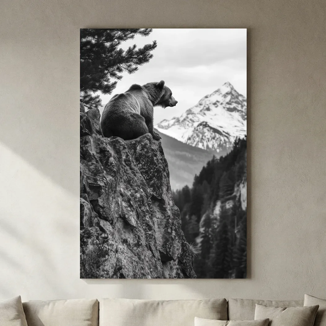 Black And White Grizzly Bear Photographic Artwork - Alpine Wildlife Wall Art