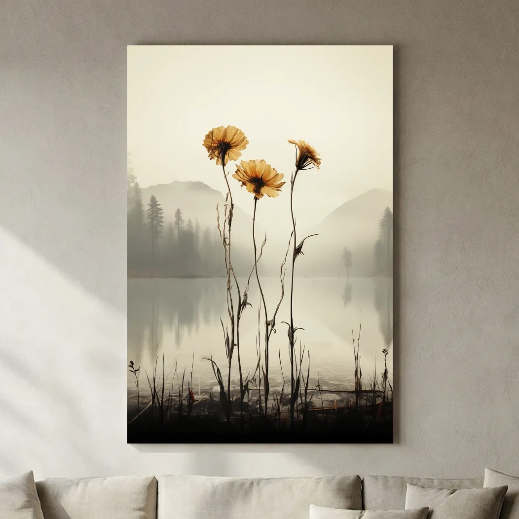 Wildflower Misty Lake Landscape - Minimalist Botanical Wall Art