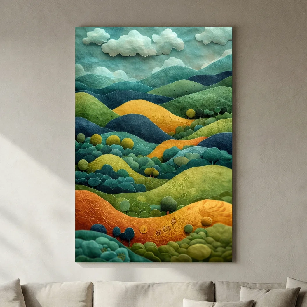3D Layered Paper Cut Style Mountain Artwork - Whimsical Surreal Landscape Wall Art