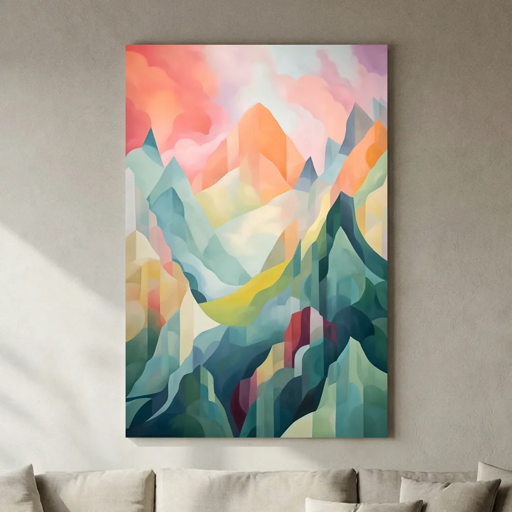 Vibrant Abstract Pastel Mountain Sunset - Geometric Watercolor Style Wall Art