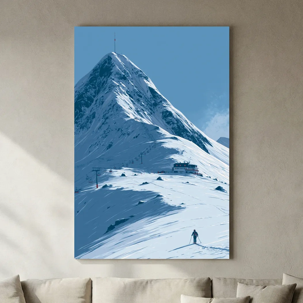 Alpine Mountain Skier Artwork - Minimalist Winter Landscape Wall Art