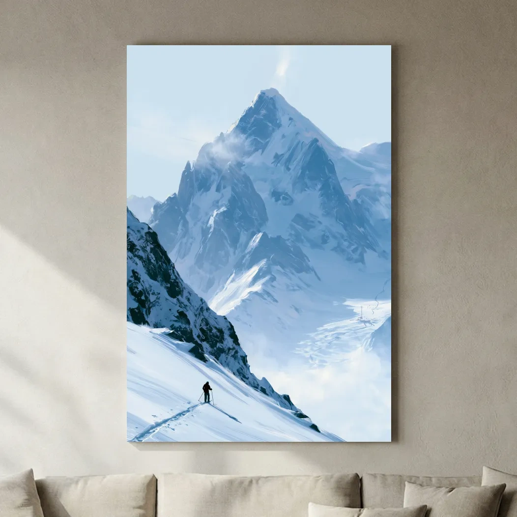 Backcountry Skier Alpine Peak Landscape - Minimalist Winter Mountain Wall Art