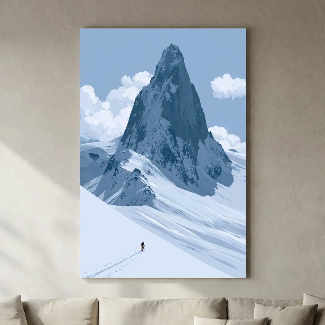 Backcountry Alpine Skier Illustration - Minimalist Mountain Landscape Wall Art