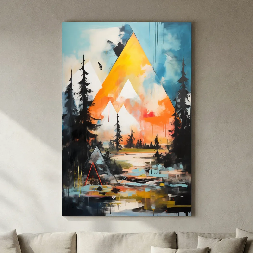 Vibrant Abstract Mountain Painting - Modern Geometric Alpine Forest Wall Art