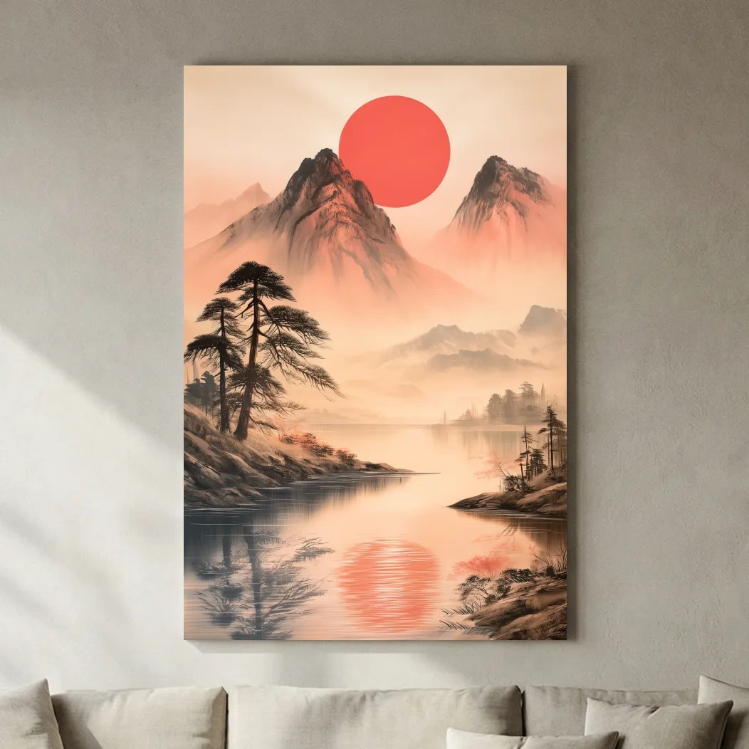 Zen Misty Mountain Lake Sunrise - Japanese Ink Wash Wall Art