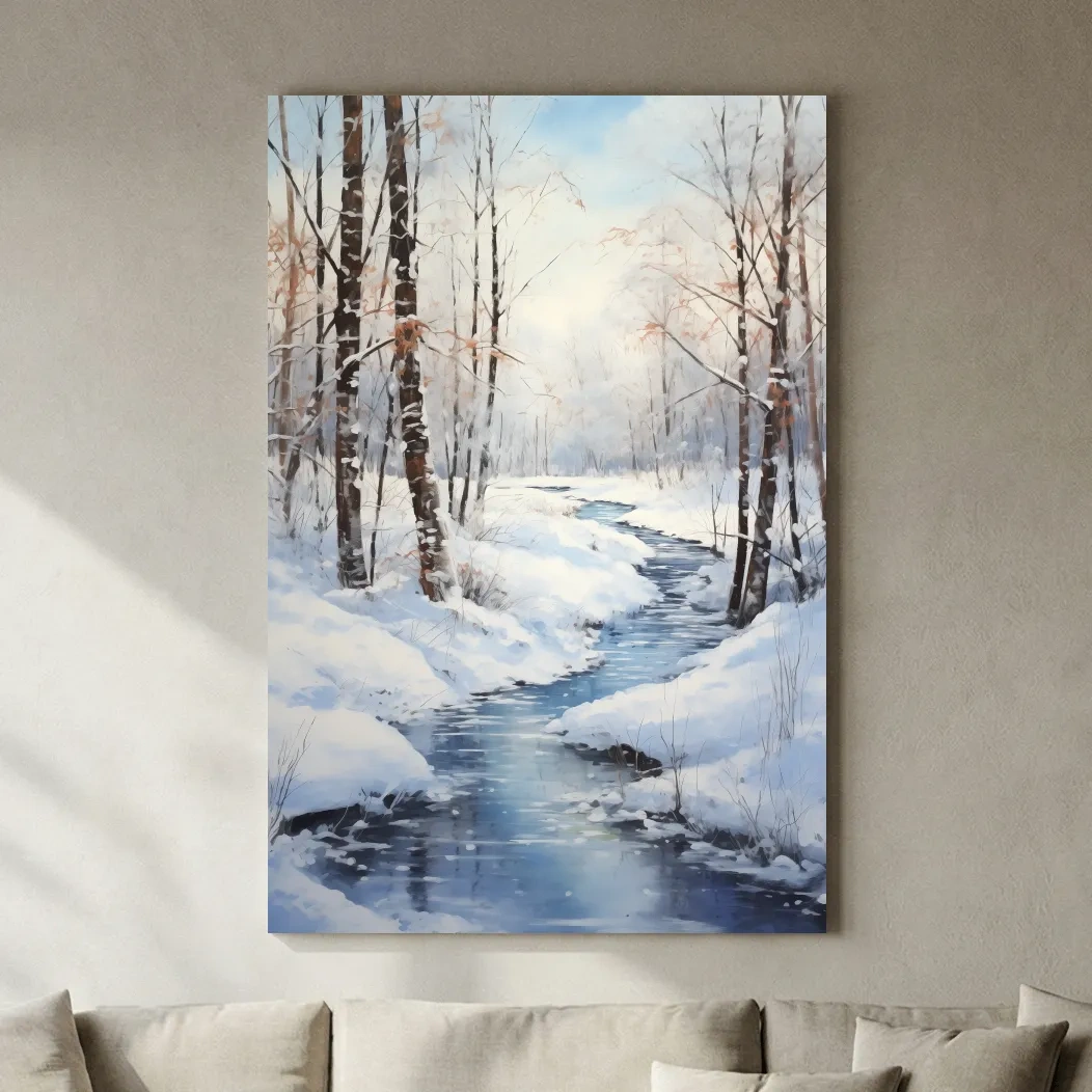 Serene Winter River Forest Painting - Snowy Woodland Wall Art