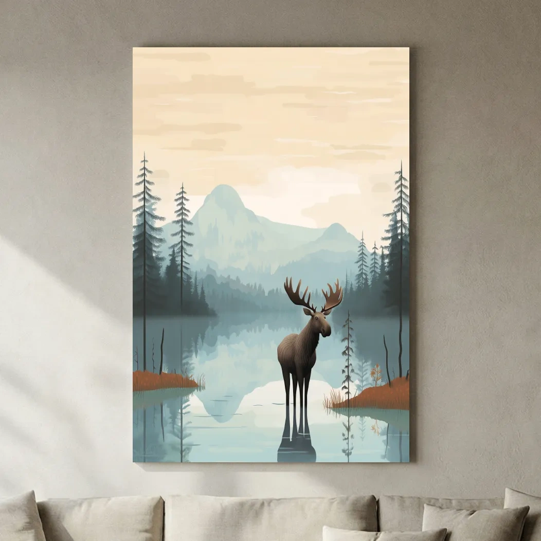 Moose Mountain Lake Illustration - Nursery Forest Mountain Wall Art