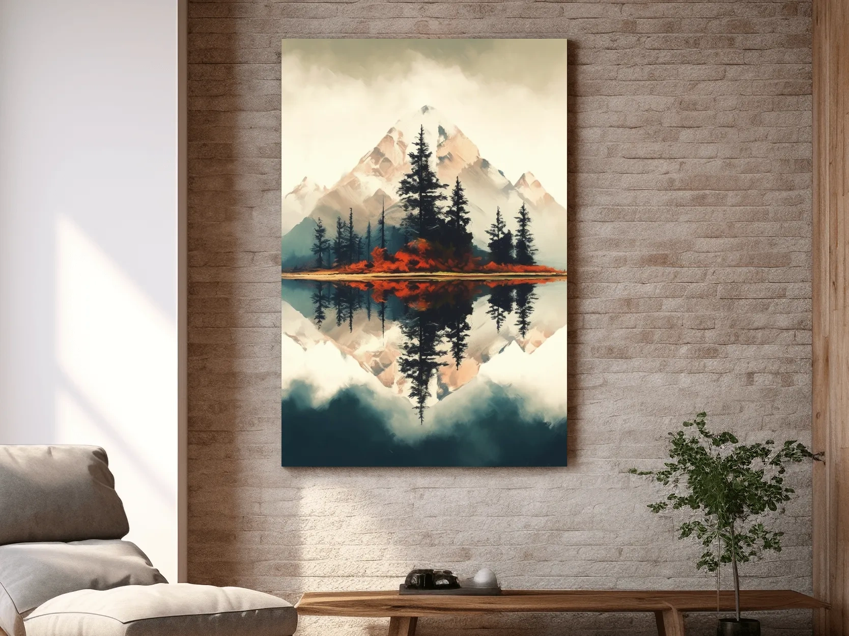 Minimal Mountain Lake Reflection With Pine Forest - Watercolor Landscape Wall Art
