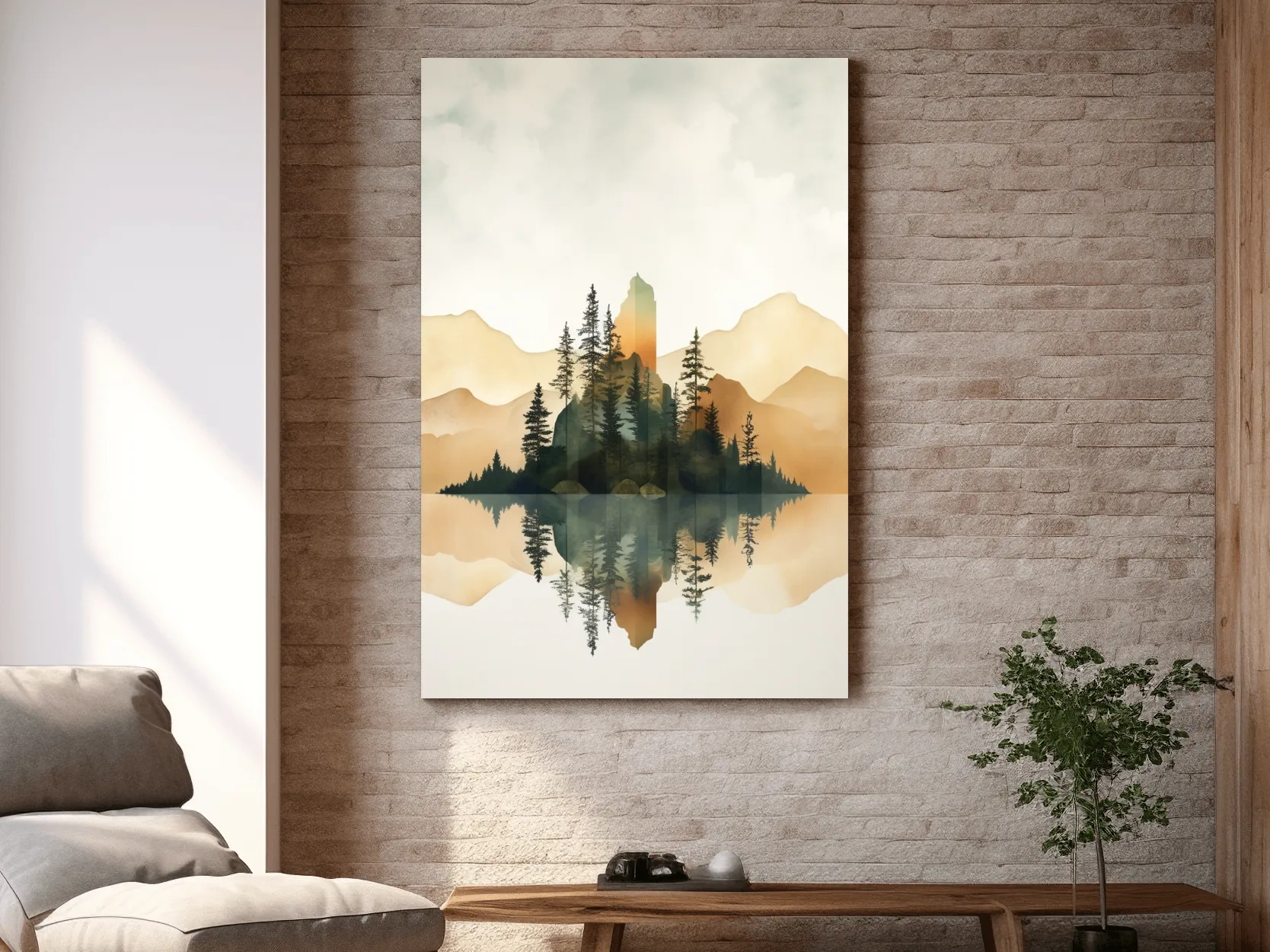 Alpine Mountain Lake Reflection Watercolor - Serene Pine Forest Wall Art