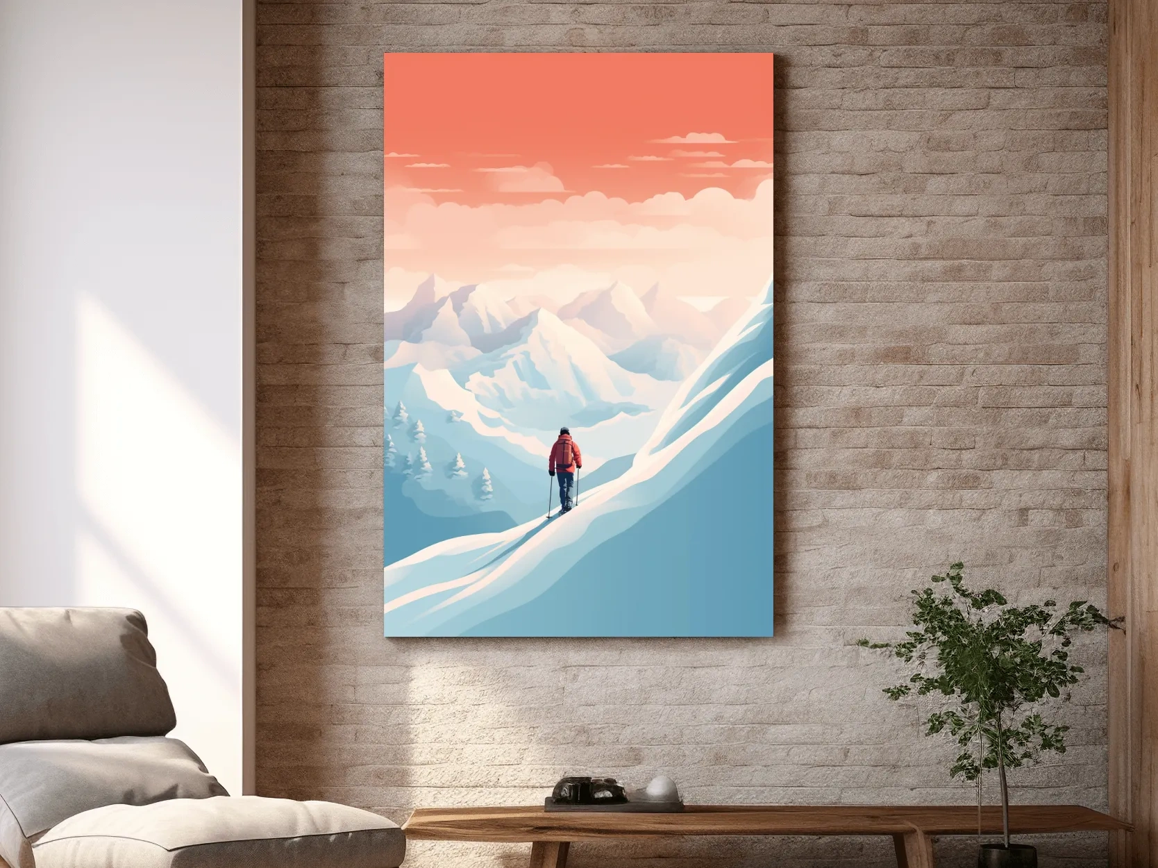 Backcountry Skier In Alpine Sunset - Minimalist Winter Mountains Wall Art
