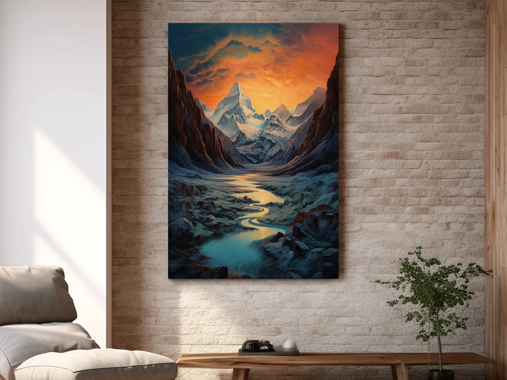 Oil painting of a glacier at sunset