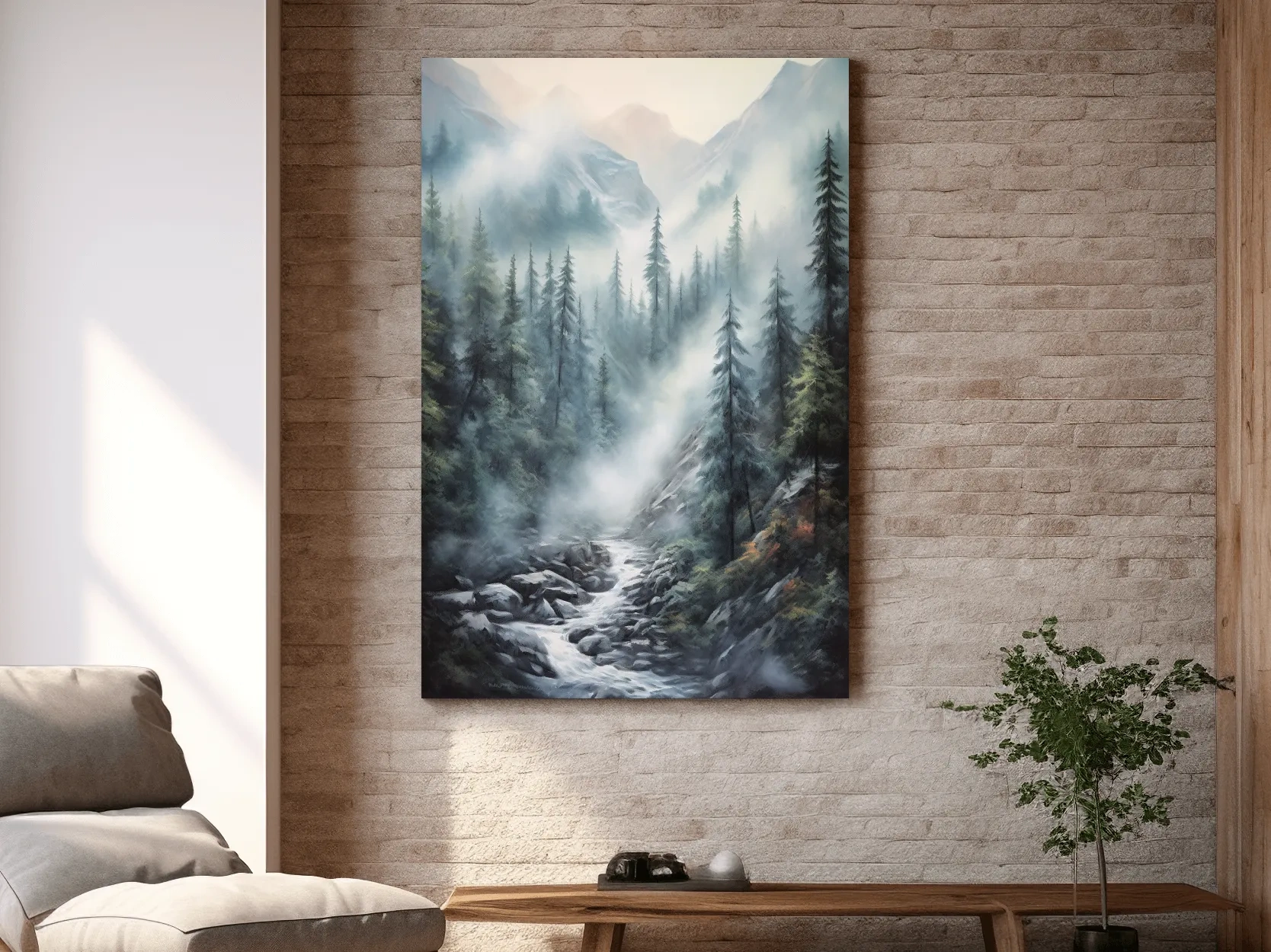 Misty Alpine Pine Forest River Painting - Moody Mountain Landscape Wall Art