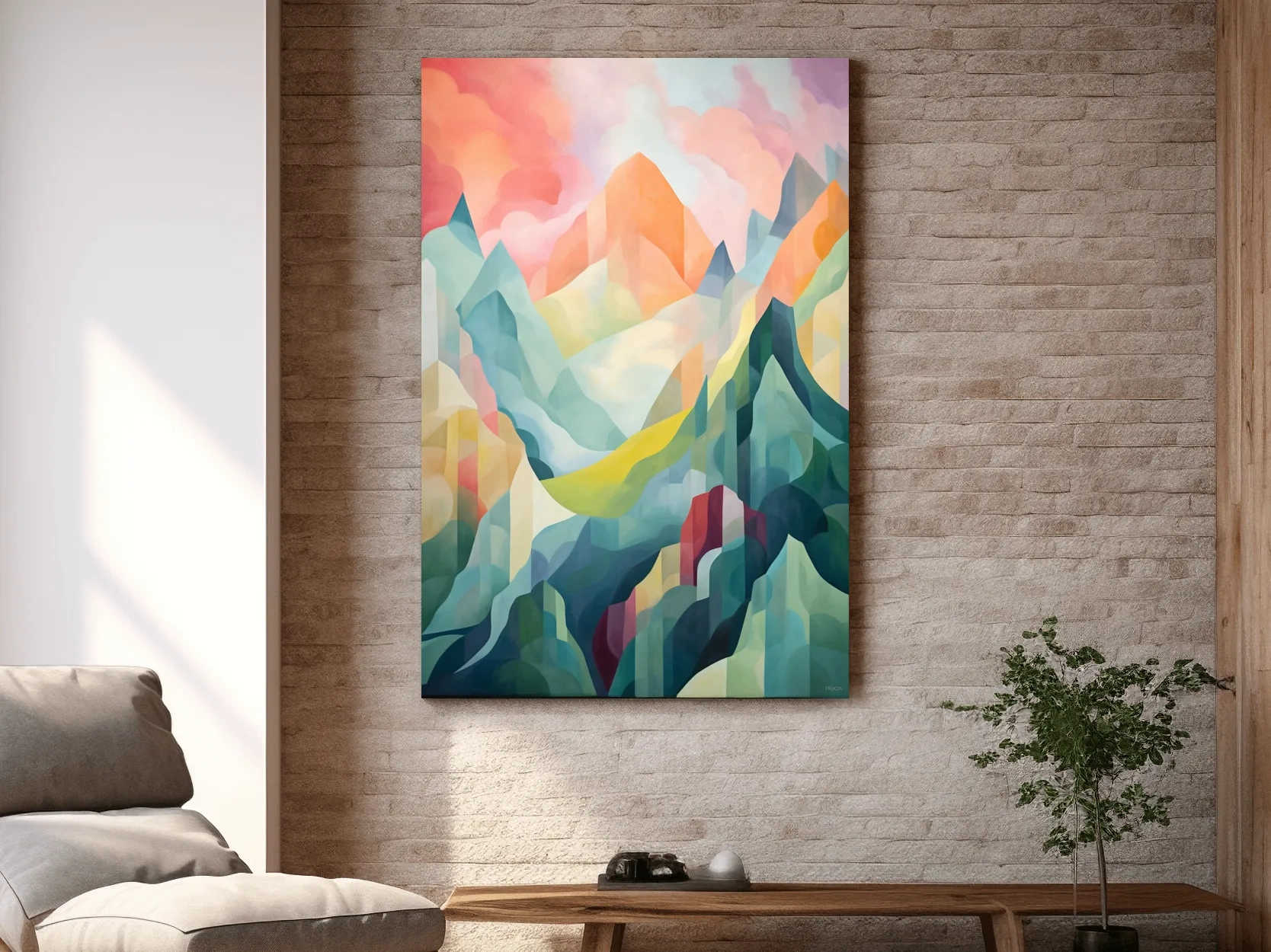 Vibrant Abstract Pastel Mountain Sunset - Geometric Watercolor Style Wall Art