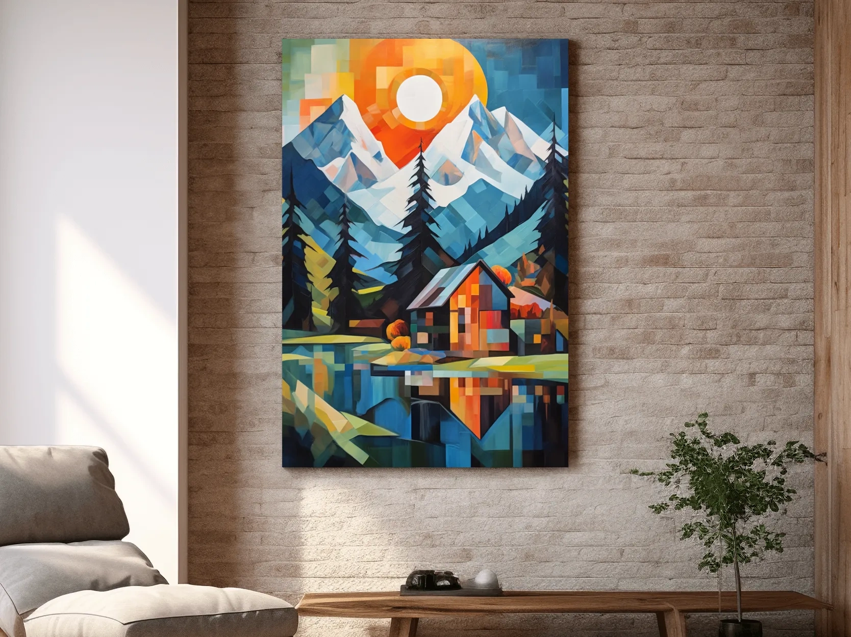 Geometric Alpine Cabin Lake Sunset - Vibrant Impressionist Mountain Wall Art