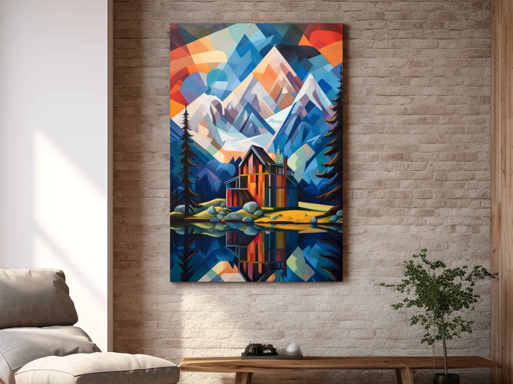 Vibrant Geometric Mountain Lake Cabin Painting - Abstract Alpine Wall Art