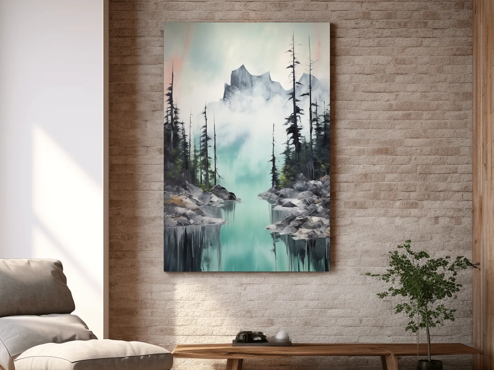 Painting of a turquoise alpine lake and mountain in the fog