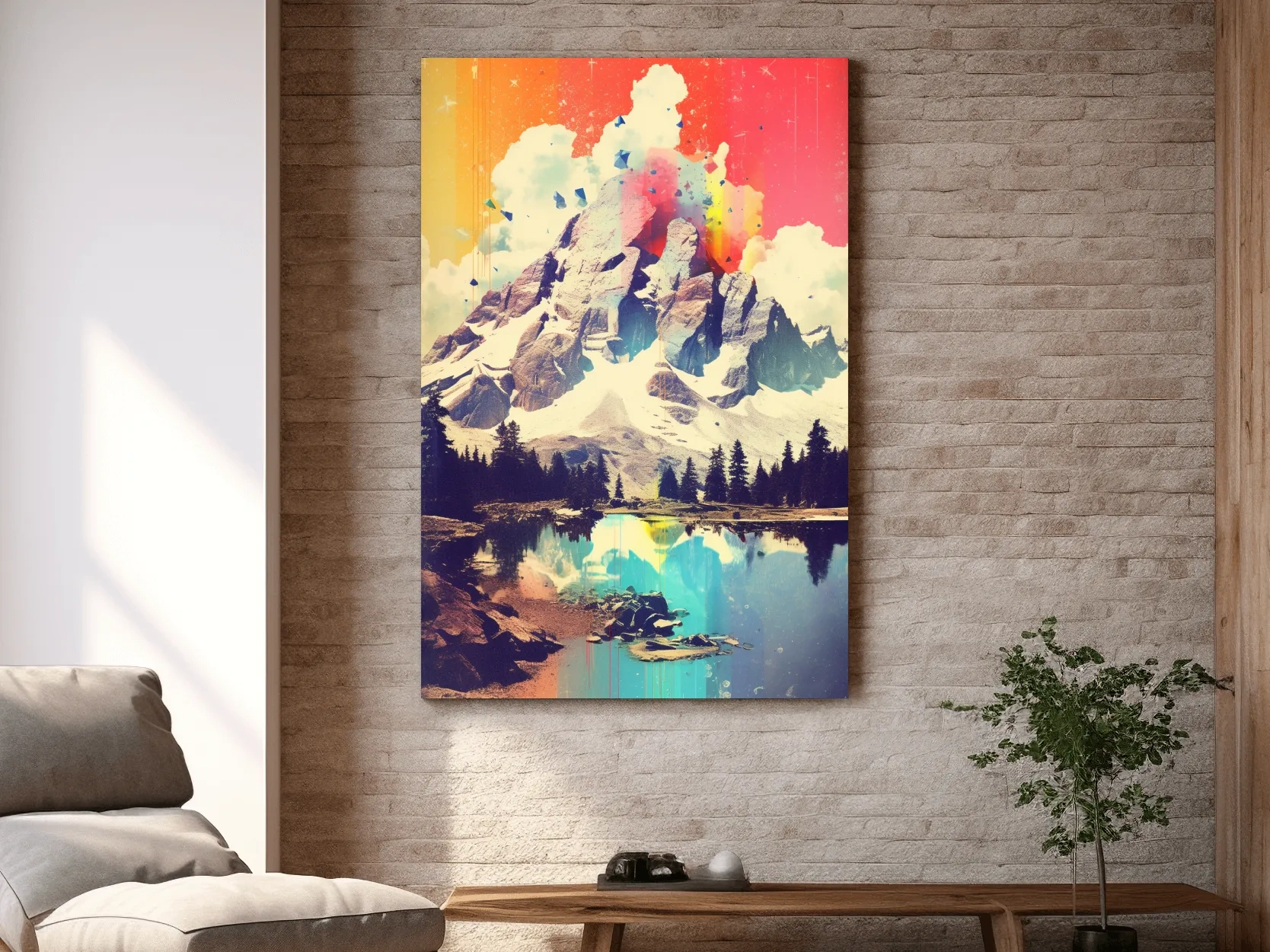 Colourful abstract painting of a mountain and lake