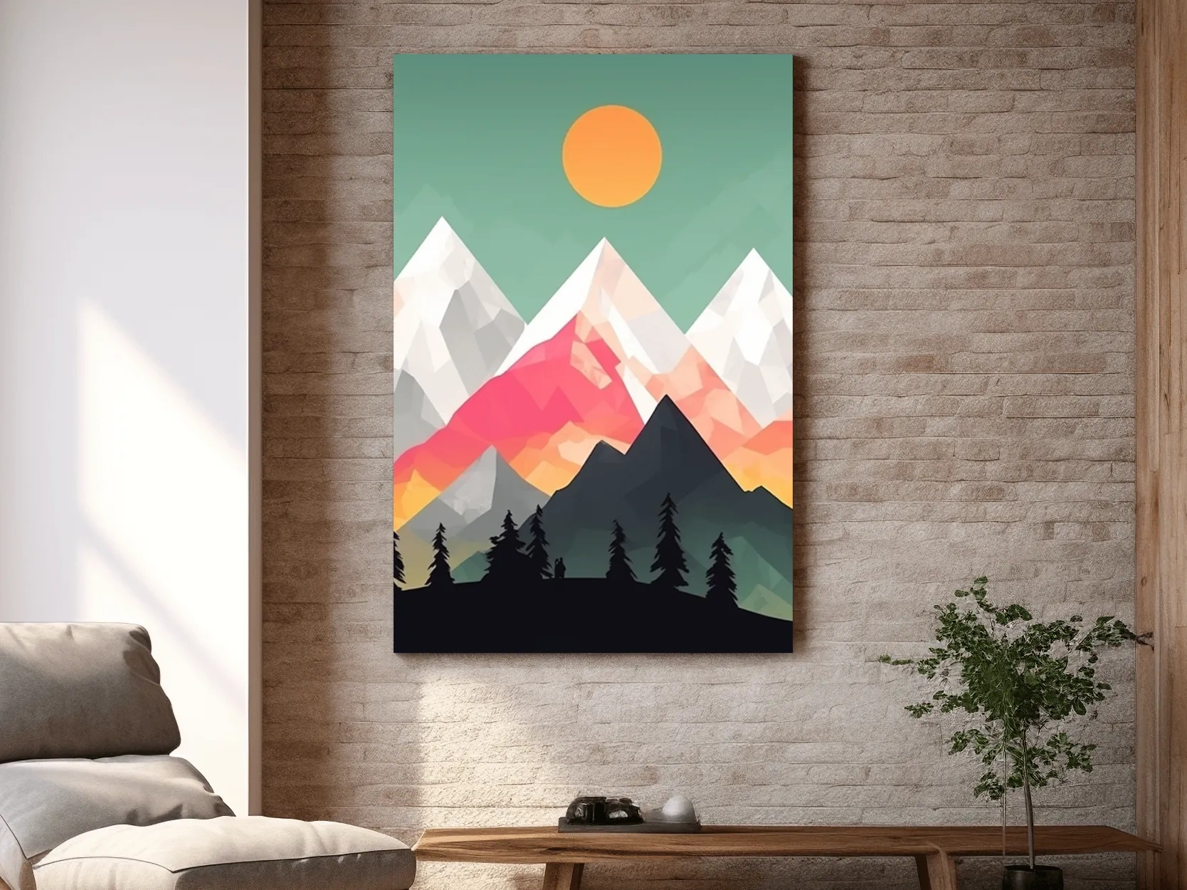 Geometric Sunset Mountain Peaks With Pine Silhouettes - Modern Colourful 2D Wall Art