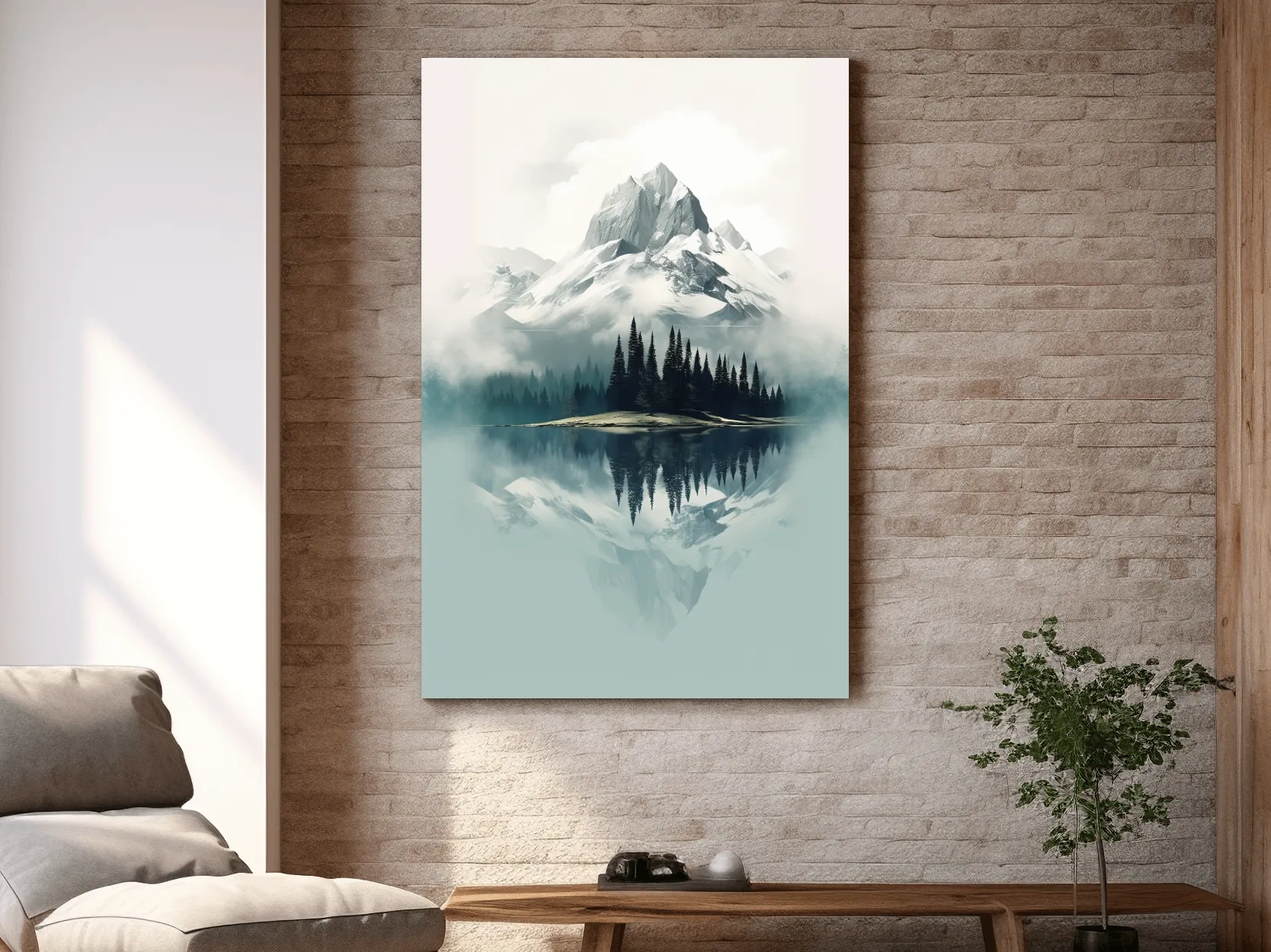 Misty Alpine Mountain Lake Reflection - Minimalist Watercolor Landscape Wall Art